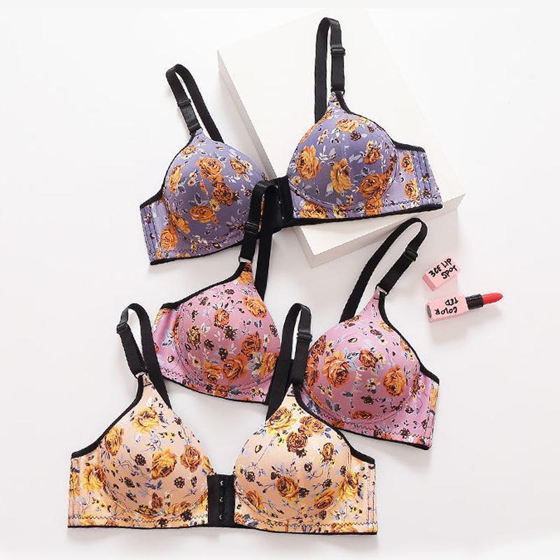 WOMENS FRONT BUCKLE GATHERED PRINT BRA