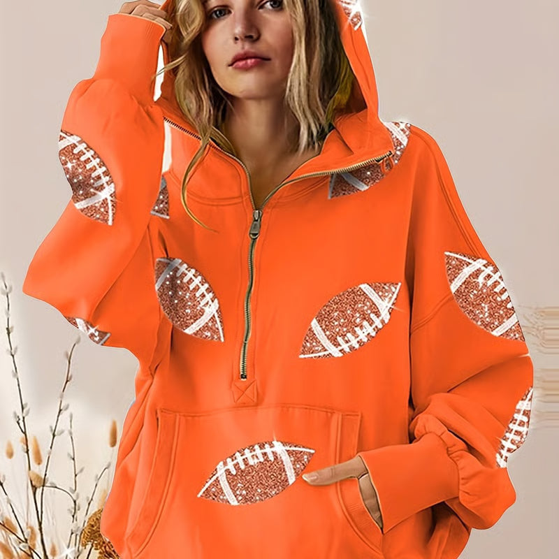 🔥'Glam Kickoff' Football Game Day Long Sleeve Half-Zip Hoodie
