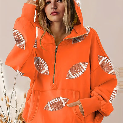 🔥'Glam Kickoff' Football Game Day Long Sleeve Half-Zip Hoodie