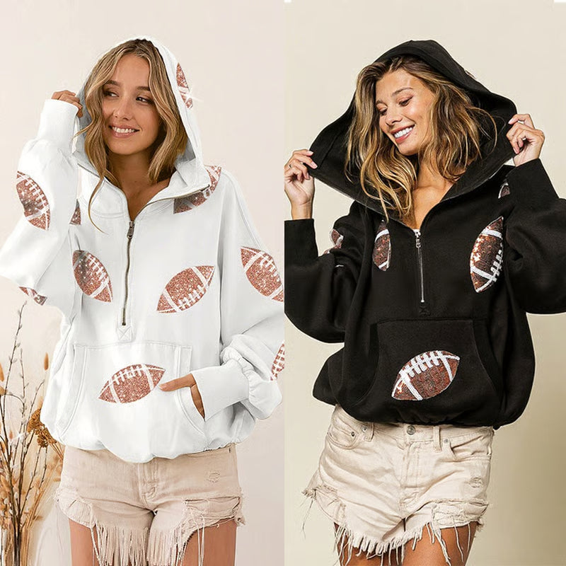 🔥'Glam Kickoff' Football Game Day Long Sleeve Half-Zip Hoodie