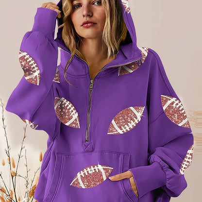 🔥'Glam Kickoff' Football Game Day Long Sleeve Half-Zip Hoodie