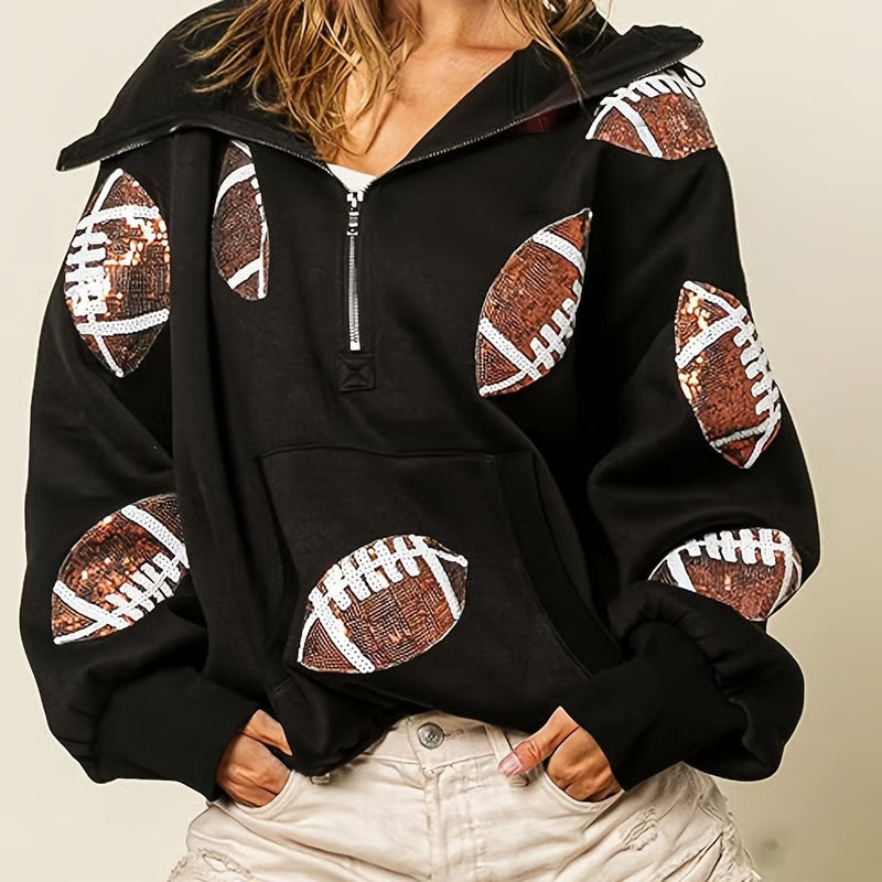 🔥'Glam Kickoff' Football Game Day Long Sleeve Half-Zip Hoodie
