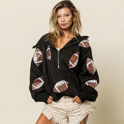 🔥'Glam Kickoff' Football Game Day Long Sleeve Half-Zip Hoodie