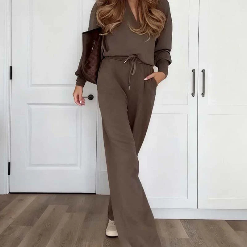 💥New Arrival 50% Off-Women's Chic Brown Casual Set: V-Neck Top & Drawstring Pants
