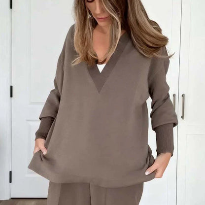 💥New Arrival 50% Off-Women's Chic Brown Casual Set: V-Neck Top & Drawstring Pants