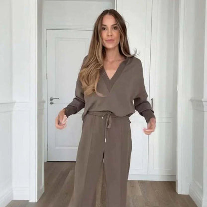 💥New Arrival 50% Off-Women's Chic Brown Casual Set: V-Neck Top & Drawstring Pants